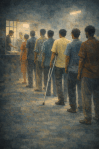 A line of men stand indoors waiting their turn at a counter where a person is serving food. One man in the queue uses crutches, while soft light from a nearby window illuminates the room, creating a muted, textured atmosphere.