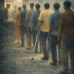A line of men stand indoors waiting their turn at a counter where a person is serving food. One man in the queue uses crutches, while soft light from a nearby window illuminates the room, creating a muted, textured atmosphere.