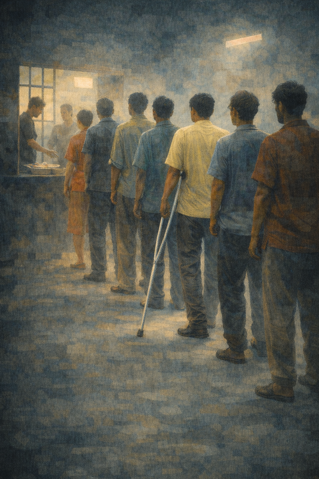 A line of men stand indoors waiting their turn at a counter where a person is serving food. One man in the queue uses crutches, while soft light from a nearby window illuminates the room, creating a muted, textured atmosphere.